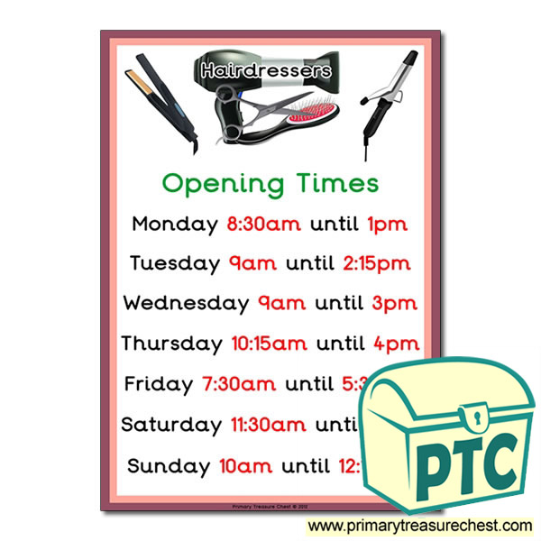 Hairdressers Role Play Opening Times Sign (Quarter & Half Past times)