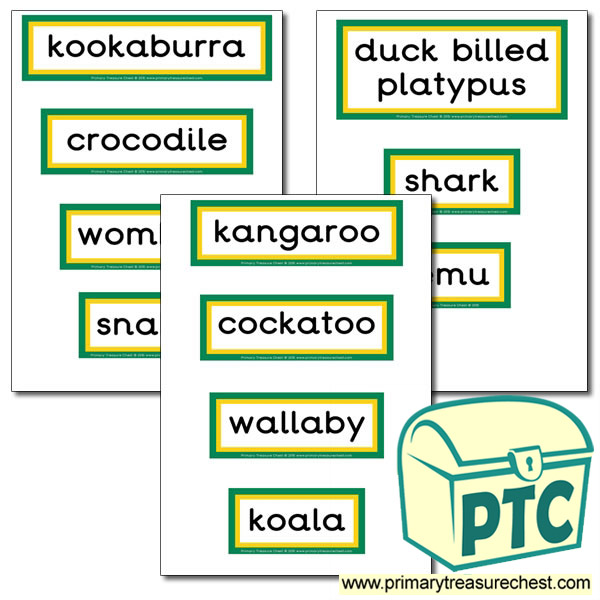 Australian Animal Themed Display Words