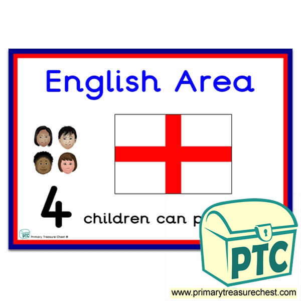 English Area Sign - Number Pattern Images Provided  '4 children can play here' - Classroom Organisation Poster