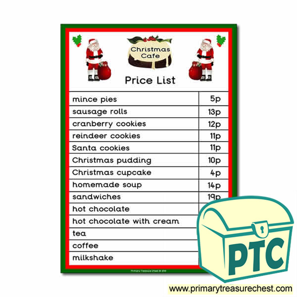Christmas Cafe Role Play Price List (1-20p)