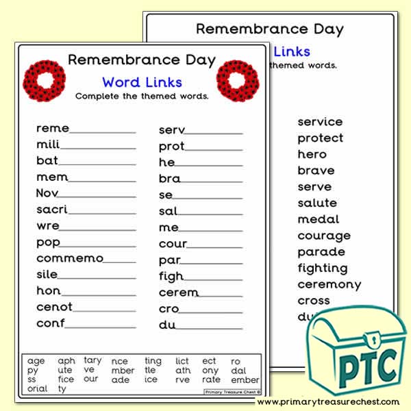 Remembrance Day Word Link Worksheet