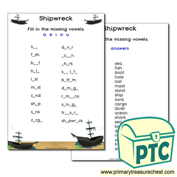 Shipwreck Themed Missing Vowels Worksheet