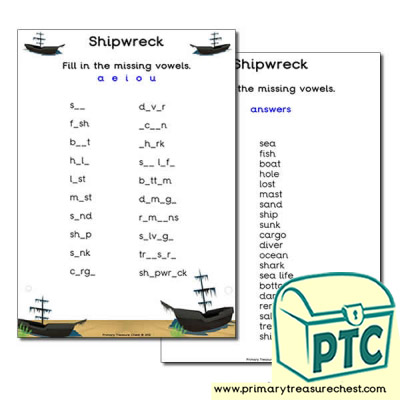 Shipwreck Themed Missing Vowels Worksheet