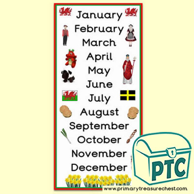 Welsh Themed Months of the Year Poster - Primary Treasure Chest