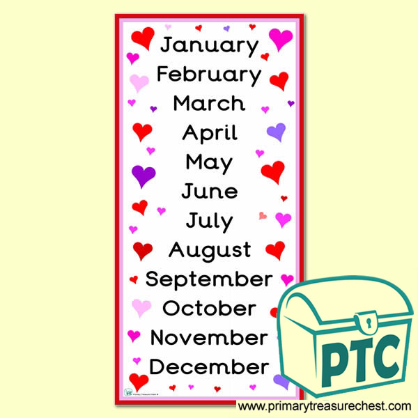 Months of The Year Hearts Themed Poster
