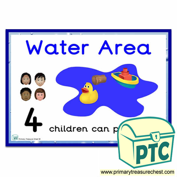 Water Area Sign - Number Pattern Images Provided  '4 children can play here' - Classroom Organisation Poster