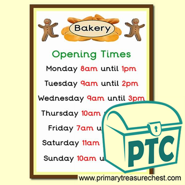 Bakery Shop Role Play Shop Opening Times (O'Clock)