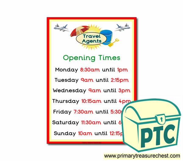  Role Play Travel Agents Opening Times Poster (Quarter & Half Past)