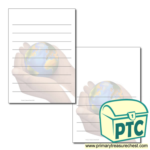 Hand Holding World Themed Writing Frame /Page Border (wide lines)