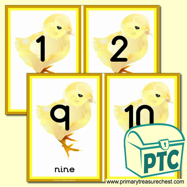 Chick number line with numbers and text. 