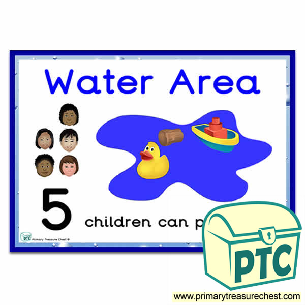 Water Area Sign - Number Pattern Images Provided  '5 children can play here' - Classroom Organisation Poster