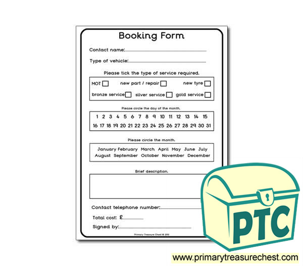 Mechanics Garage Role Play Booking Form Worksheet