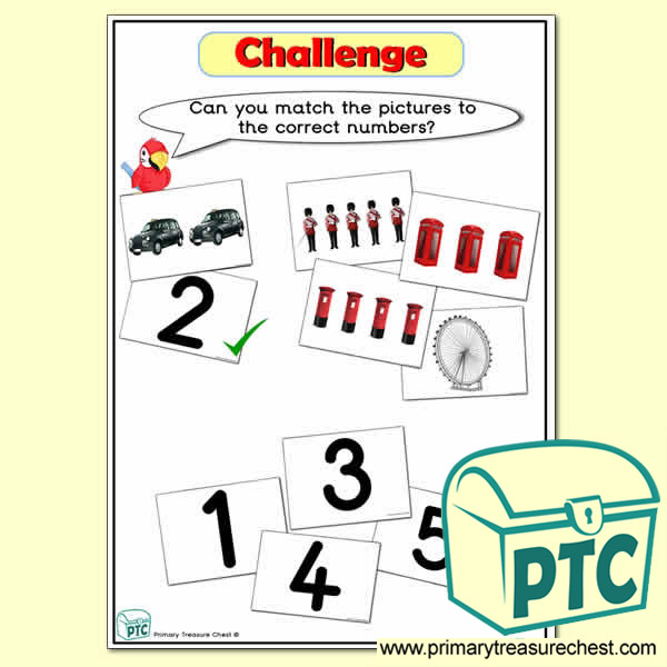 Challenge - Matching Numbers with Pictures London Themed Tuff Tray Resource