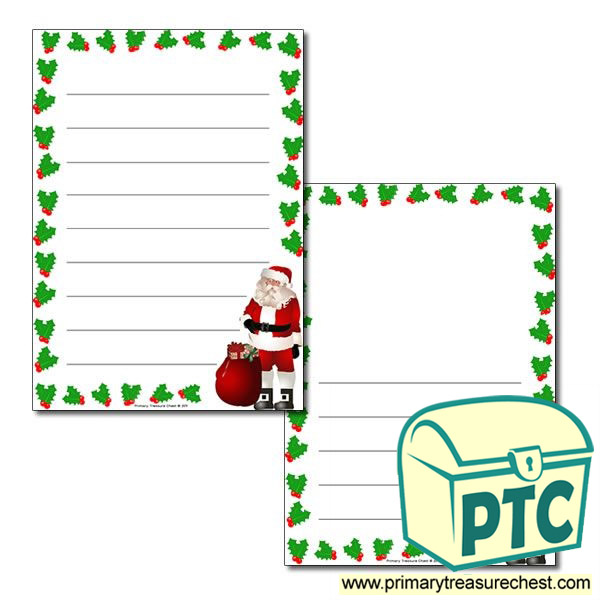 Santa with Holly Page Border / Writing Frame (wide lines)