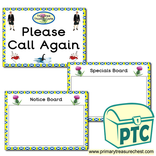 Scottish Cafe Role Play Notice board and Call Again Signs