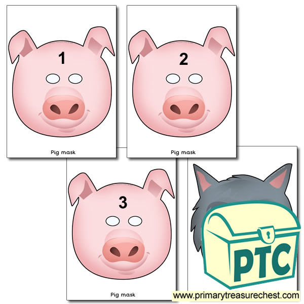 Three Little Pigs Role Play Masks. Pigs Numbered 1 to 3