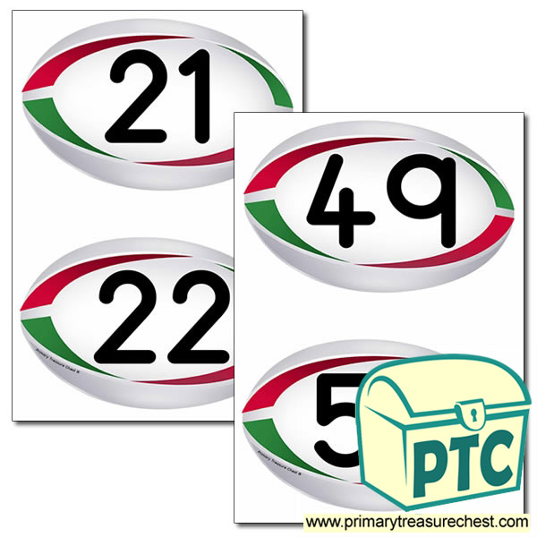 Rugby Ball Themed Numbers 21 to 50