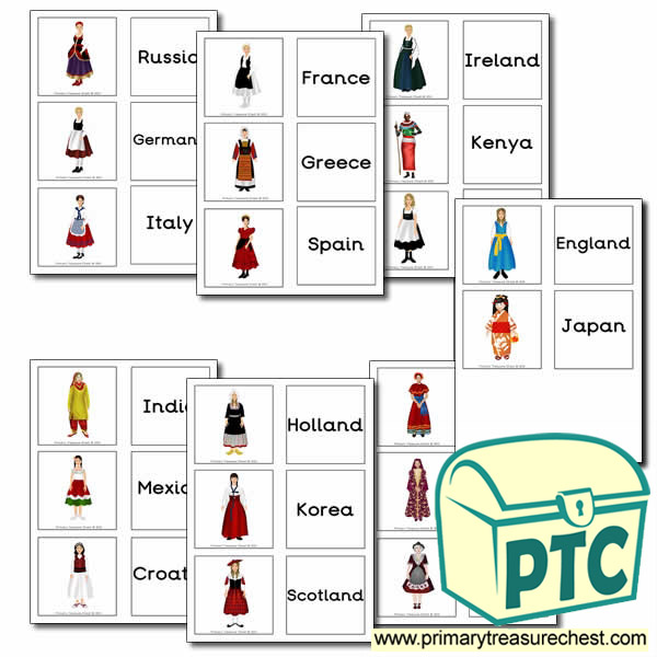 Girls Traditional Clothes / Costumes themed matching cards