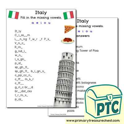Italy Themed Missing Vowels Worksheet - Primary Treasure Chest