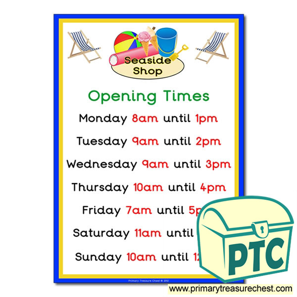 Seaside Shop Opening Times (O'clock)