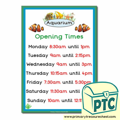 Role Play Aquarium Opening Times Poster (O'clock Times)