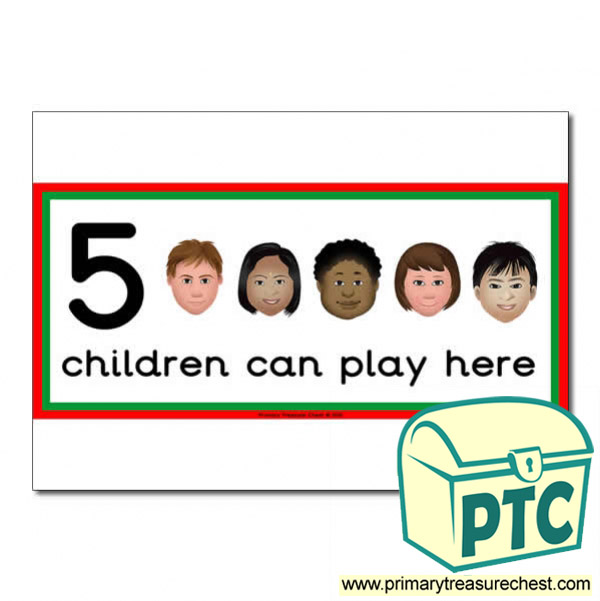Welsh Area Sign - Images of Faces - 5 children can play here - Classroom Organisation Poster