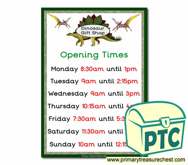 Dinosaur Gift Shop Role Play Shop Opening Times (Quarter & Half Past)