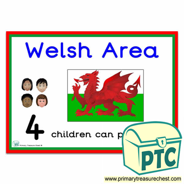 Welsh Area Sign - Number Pattern Images Provided  '4 children can play here' - Classroom Organisation Poster