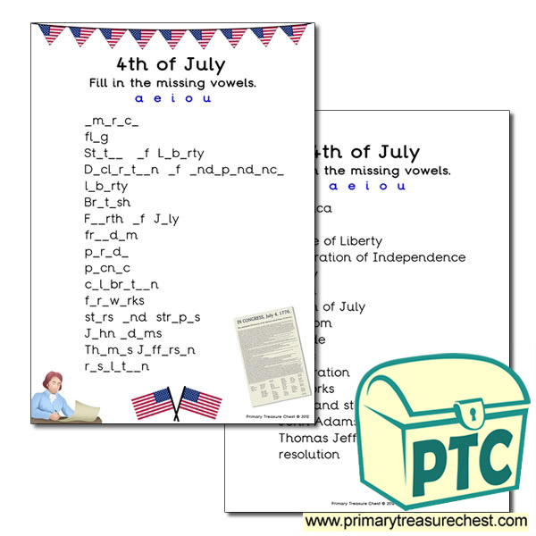  Independence Day / 4th July Missing Vowels Worksheet